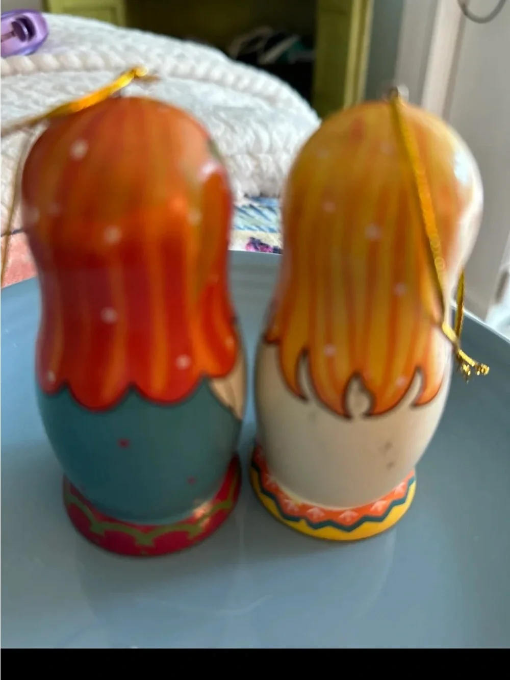 Hand-Painted Matryoshka Doll Ornaments - Blue & White with Floral Motifs